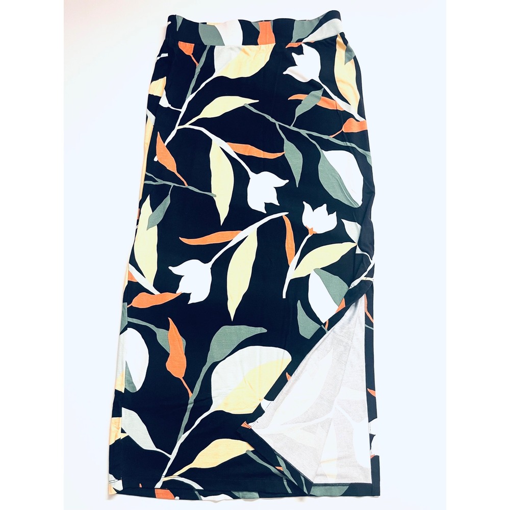 Liz Claiborne Womens Black Floral Midi Skirt Side Slit Rayon Stretch Small